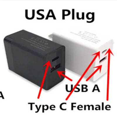 Personalice su logotipo 2.4A USB a + Puerto tipo C Dock Us EU Plug 2 clavijas QC 3.0 Adaptador de corriente Cargador de pared